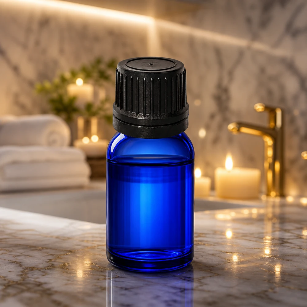 5ml Dropperflaske 1mm sort OV BlueLine UT18/5 5 ml blå glasflaske med 1 mm åbning til dryppræcis påføring på badeværelset og i spaen