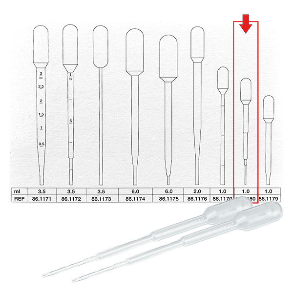 Transferpipette, nominel volumen: 1 ml, (LxB): 104 x 10 mm, materiale: LD-PE, transparent, dråbestørrelse: 17 µl - 22 µl, 750 stk/karton Transferpipette, nominel volumen: 1 ml, (LxB): 104 x 10 mm, materiale: LD-PE, transparent, dråbestørrelse: 17 µl - 22 µl, 750 stk/karton