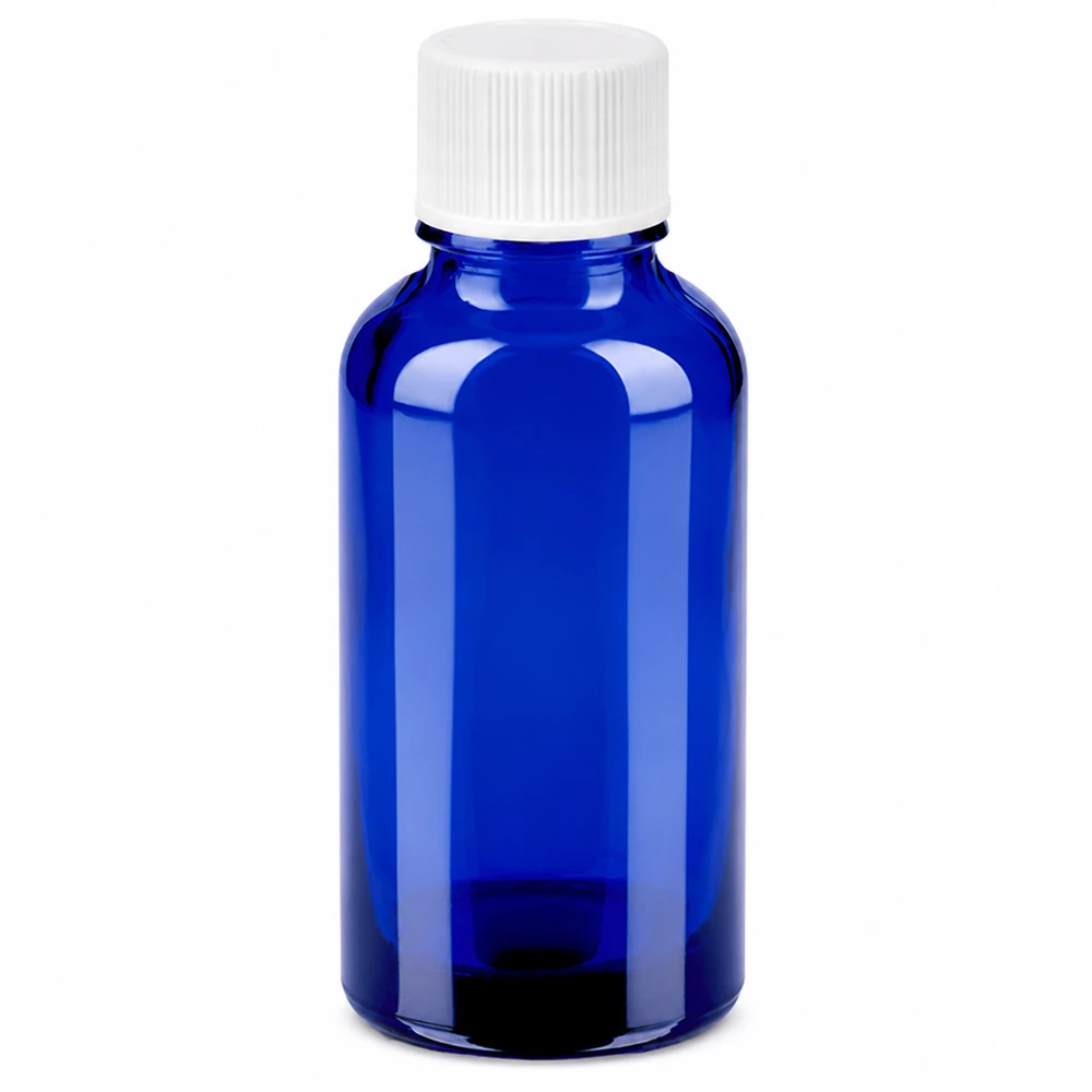 30 ml flaske 11 mm SV hvid STD BlueLine UT18/30 30 ml blå glasflaske med hvidt skruelåg til æteriske olier og kosmetik