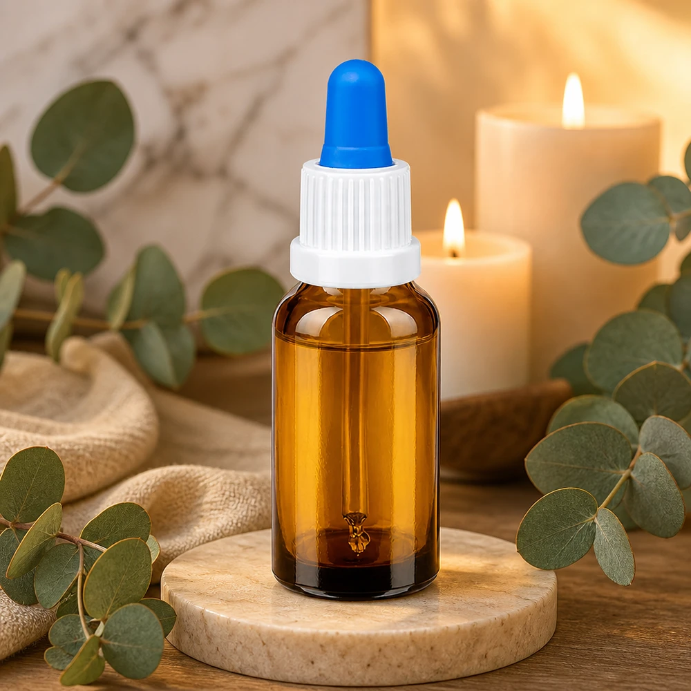 20 ml pipetteflaske hvid/blå OV BrownLine UT18/20 20 ml pipetteflaske af høj kvalitet i elegant ravfarvet glas med ergonomisk hvid dråbehætte