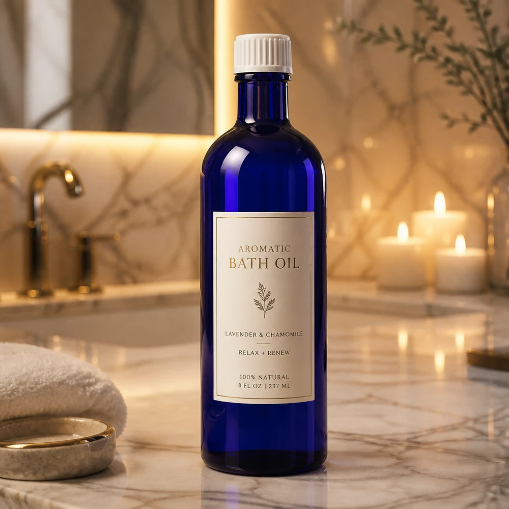 Apoteksflaske blå 200 ml skruelåg hvid pc Blå apotekerflaske 200 ml badesalt, aromaterapiolie med lavendel og kamille, naturlig badeolie