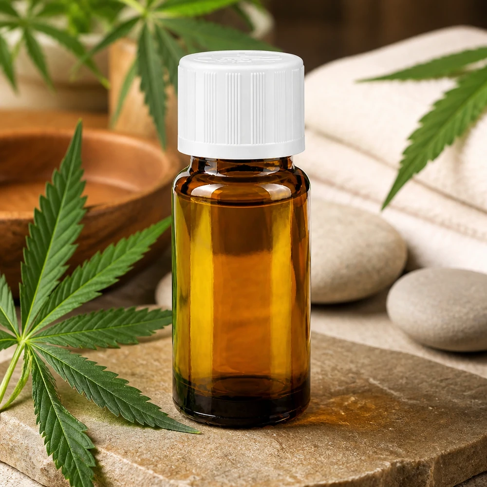 Apoteksflaske brun 10ml dråbetæller hvid KiSi St Brun 10 ml CBD-olieflaske med hvid KiSi-prop og dråbeindsats ved siden af cannabisblade