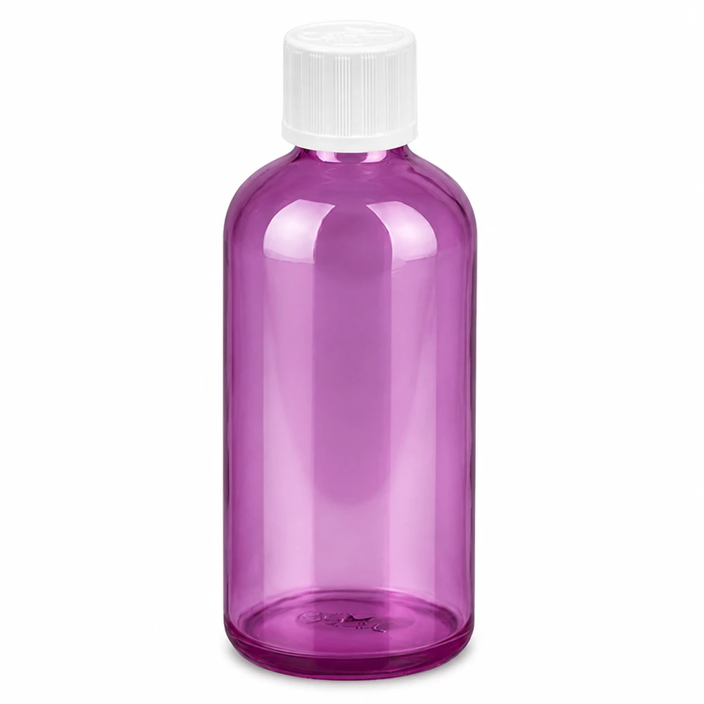 100 ml dråbeflaske 1,2 mm hvid standard børnesikret PurpleLine. UT18/100 100 ml dråbeflaske af plast i lilla transparent med hvidt skruelåg