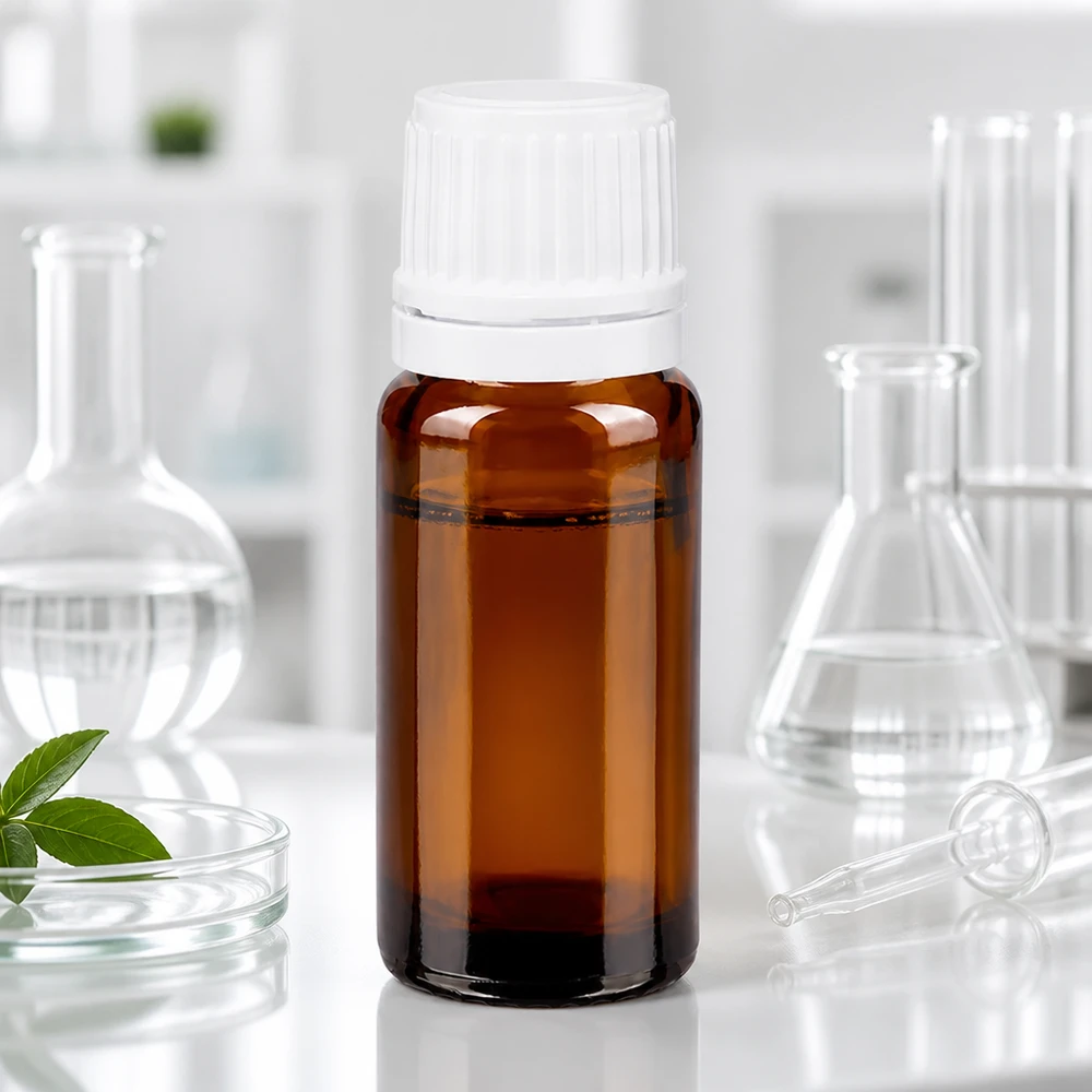 Apoteksflaske brun 10 ml skruelåg hvid OV Apotekerflaske på 10 ml af brunt glas med hvid sikkerhedslåg i laboratoriet