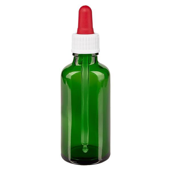 Apoteksflaske grøn 50 ml pipette hvid/rød stk. Apoteksflaske grøn 50 ml pipette hvid/rød stk.