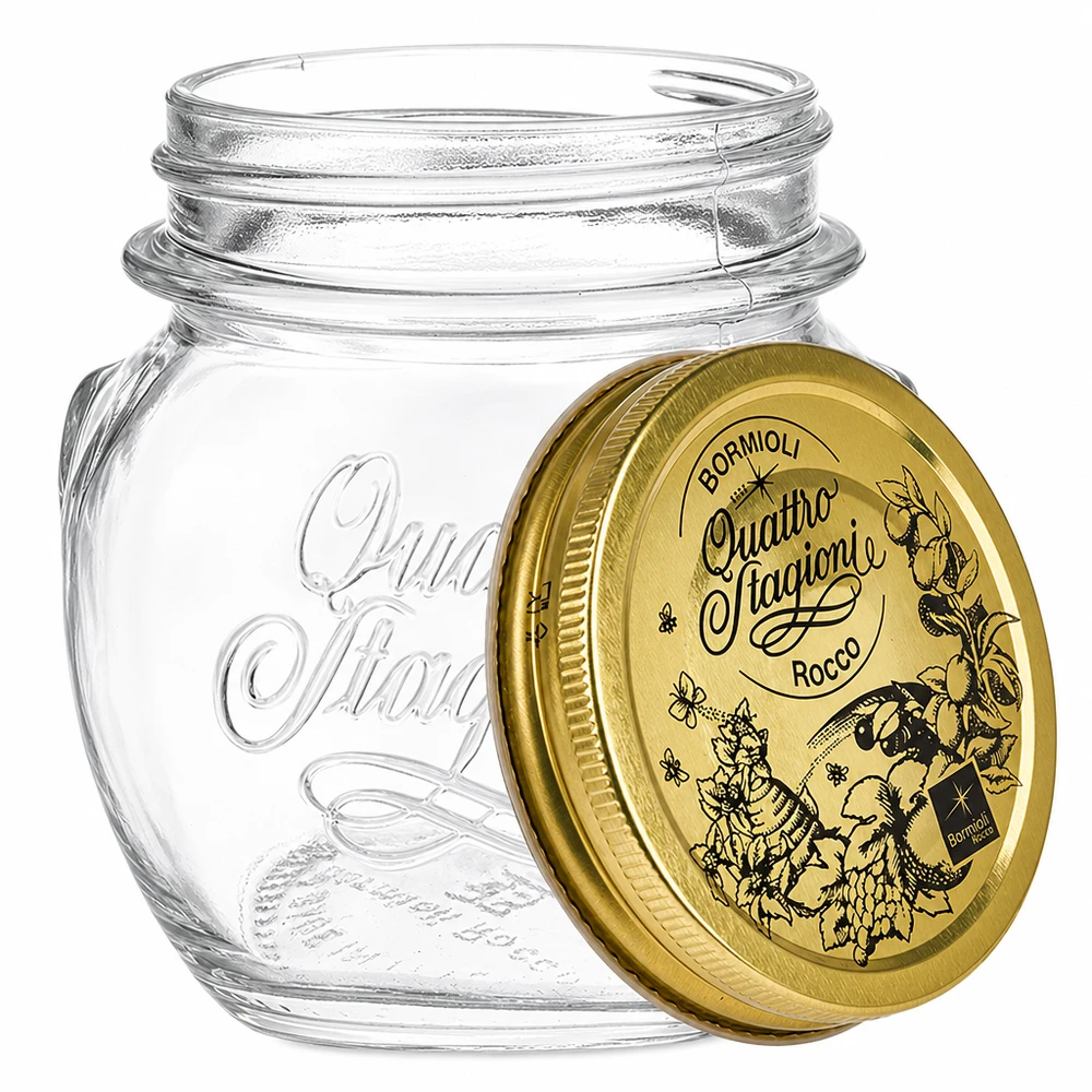 300 ml rundt glas "Quattro Stagioni" med låg Bormioli Rocco Quattro Stagioni 300 ml rund krukke med gyldent skruelåg Henkogningskrukke