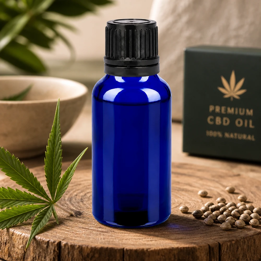 20 ml flaske 11 mm SV sort OV BlueLine UT18/20 Robust 20 ml koboltglasflaske med sort skruelåg til CBD-olie og naturkosmetik