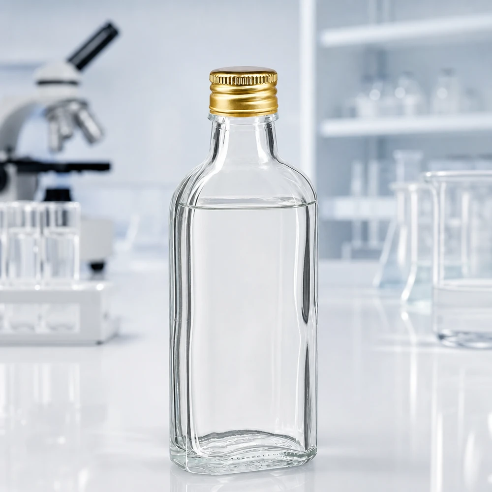 100 ml Meplat klar med aluminiumshætte guld PP22 Lille, flad, rektangulær glasflaske på 100 ml med gylden skruelåg (PP22) i laboratoriet