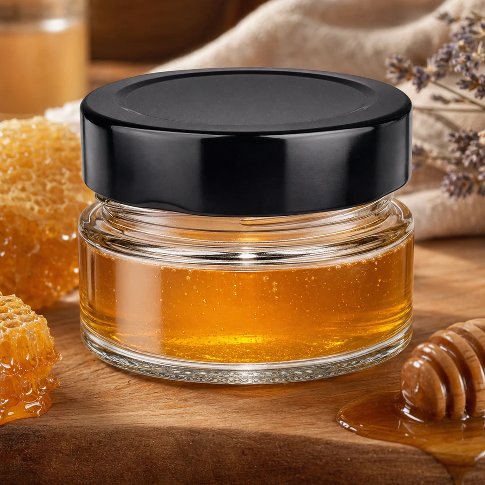 80 ml rund krukke + BasicSeal-låg sort dyb UNiTWIST 80 ml rund krukke med sort BasicSeal-låg fyldt med honning Honeycomb-træske naturlig køkkenscene