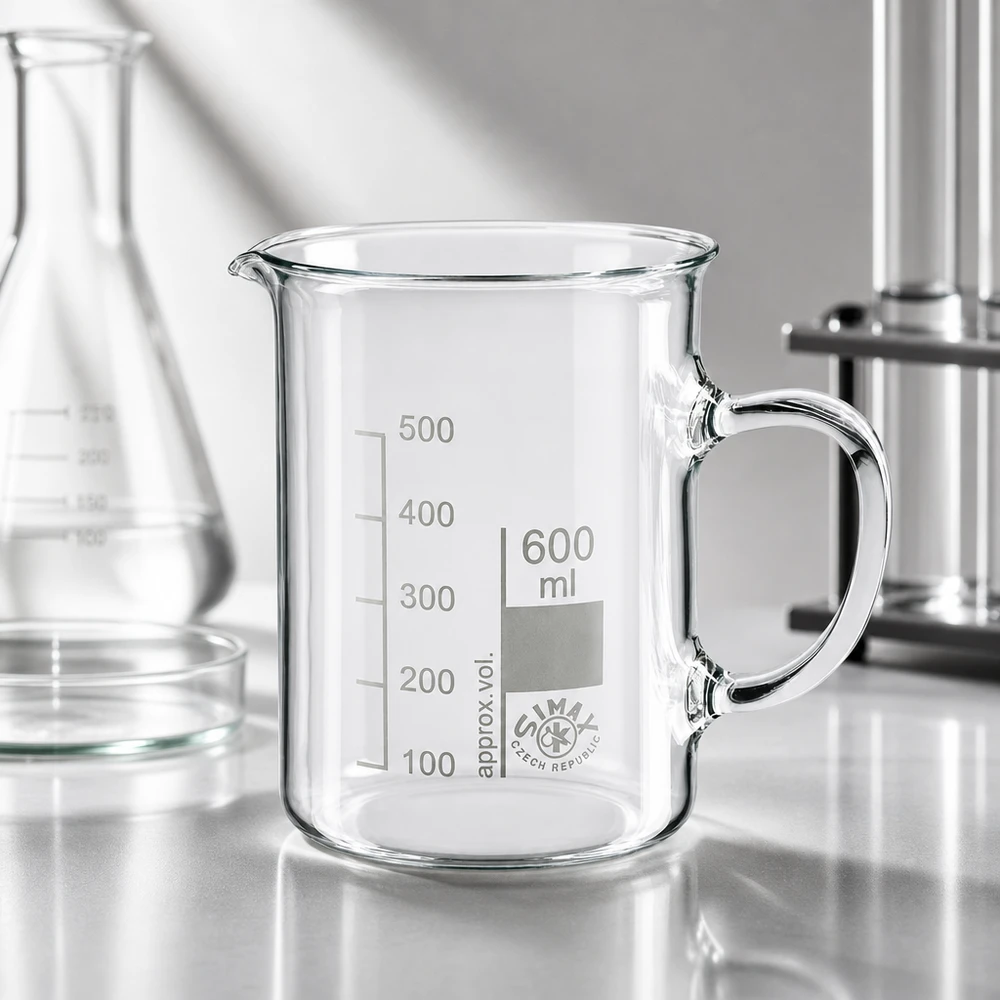 Bæger 600 ml borosilikatglas, med håndtag Tomt bæger på 600 ml med hank fra SIMAX i Tjekkiet på laboratoriebordet