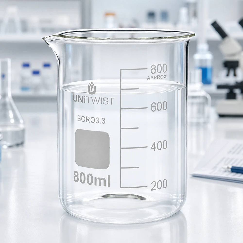 Bægerglas 800 ml borosilikat, lav form UNiTWIST UNiTWIST bægerglas 800 ml, borosilikat 3.3, lav form, gennemsigtigt, på et hvidt laboratoriebord