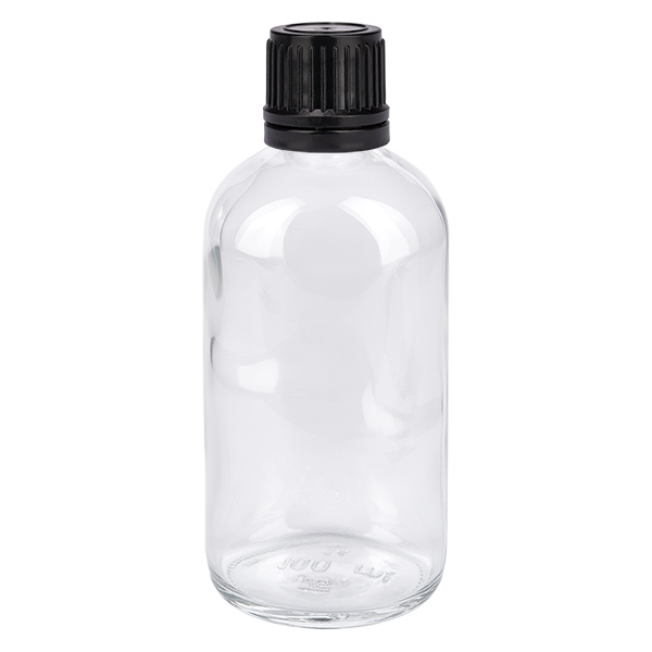 100ml (kugle)Flas. 8mm GR s. STD ClearL. UT18/100 Gennemsigtig 100 ml glasflaske med sort skruelåg til globuli og homøopati