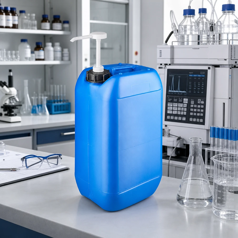 15 liters blå dunk med doseringspumpe Rektangulær blå plastdunk på 15 liter med hvid pumpe i et professionelt laboratoriemiljø