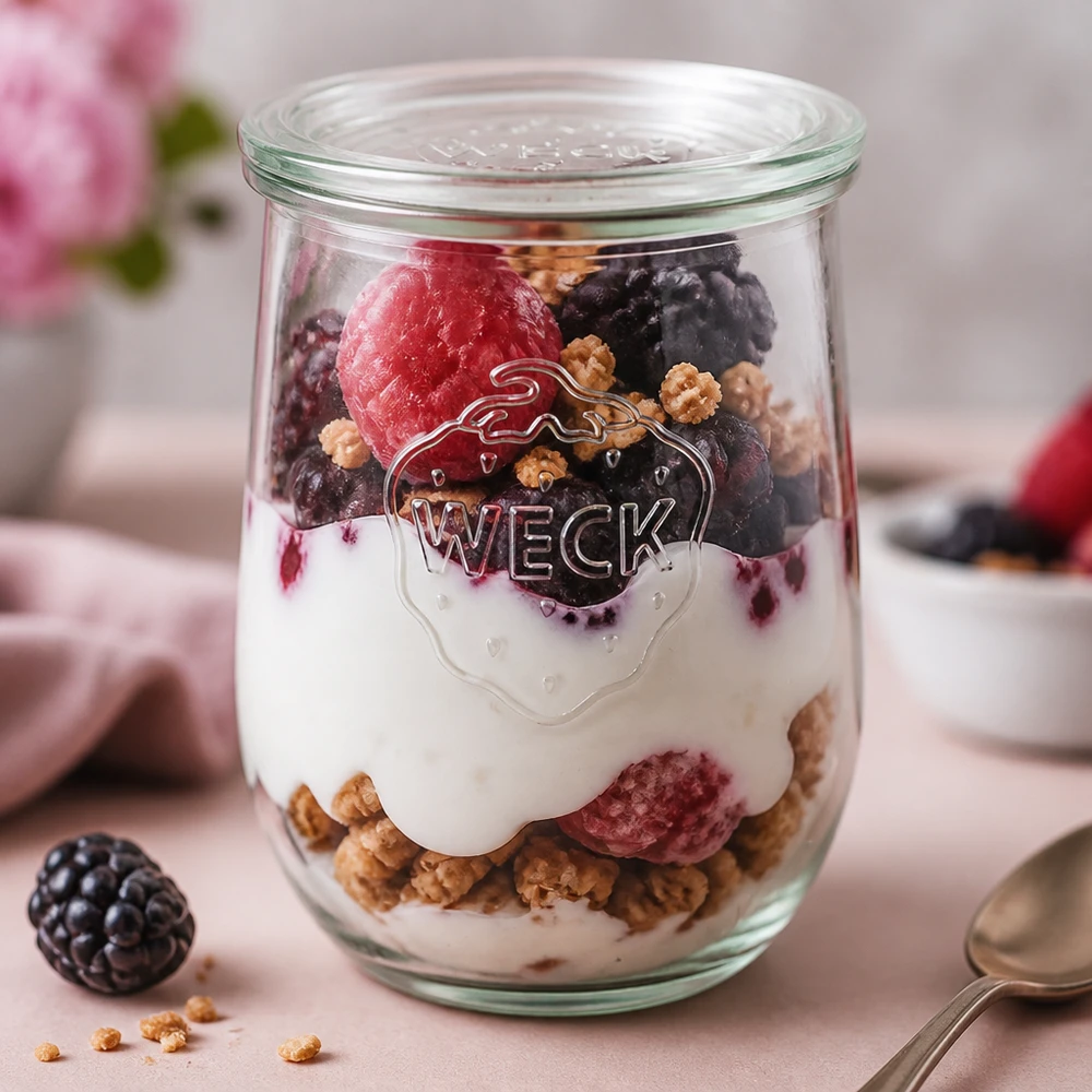1062 ml tulipankrukke med glaslåg WECK RR100 WECK tulipankrukke 1062ml fyldt med yoghurt bær müsli lagdelt dessert RR100 krukke låg morgenmad parfait pink backgru