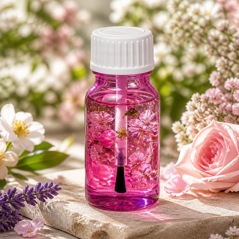 10 ml børsteflaske hvid standard PurpleLine UT18/10 10 ml børsteflaske af hvidt glas STD PurpleLine UT18/10 med blomster til naturkosmetik