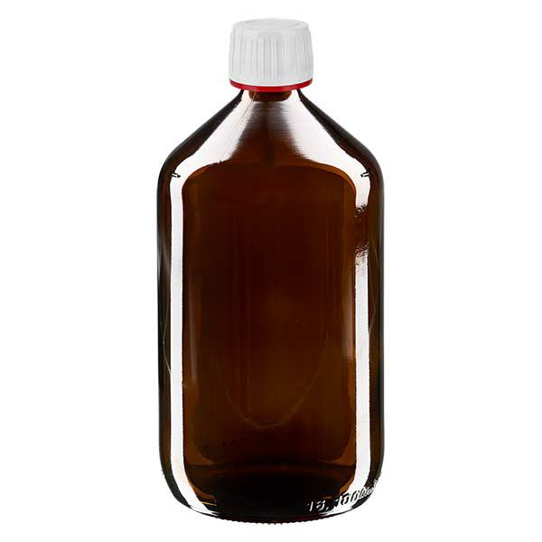 1000 ml medicinflaske brun, hvid hætte med tyverisikring i rød ApoGlas. Farmaceutisk kvalitet fra EU-produktion. 28 mm (PP28) gevind. (sirup, let glasflaske)