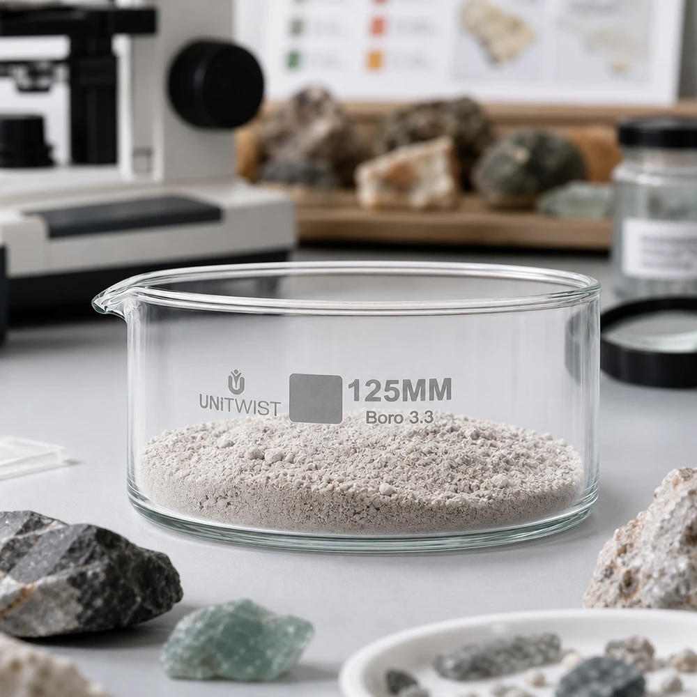 Krystalliseringsskål ø125mm borosilikatglas UNiTWIST Krystalliseringsskål 125 mm UNiTWIST Boro 3.3 med formalet stenmel i et mineralogisk laboratorium
