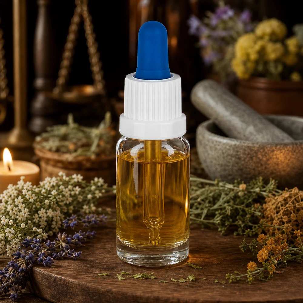 10 ml pipetteflaske hvid/blå OV ClearL. UT18/10 Aromaterapi-pipetteflaske, 10 ml, med urtemørtel og vægt i apotekerstil