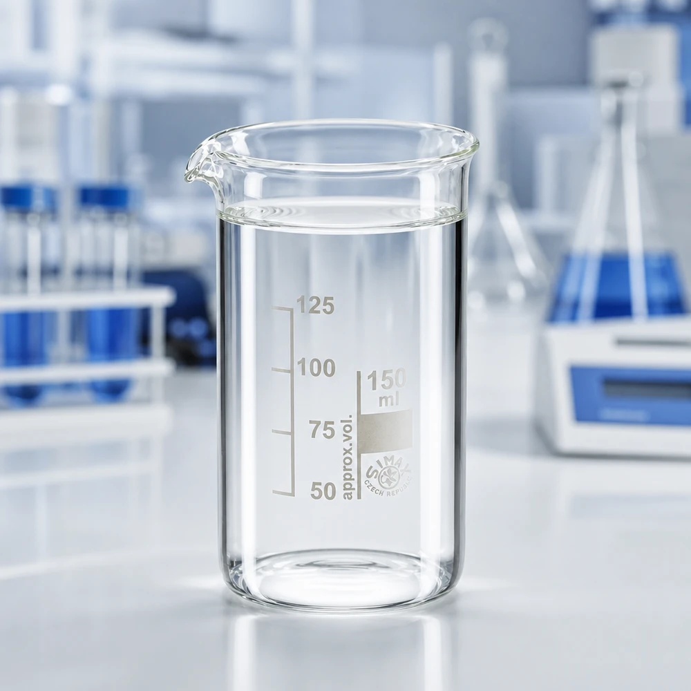 Bægerglas 150 ml borosilikatglas, høj form Gennemsigtigt bægerglas, 150 ml, højt design med volumenmærker fra 50 til 125 ml, fremstillet af borosilikatglas af høj kvalitet