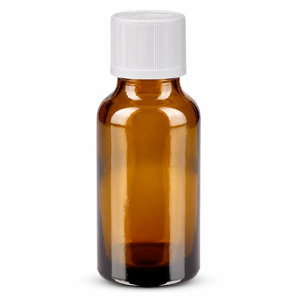 20 ml brun apotekerflaske med hvid børnesikret låg, fremstillet af brun glas af høj kvalitet