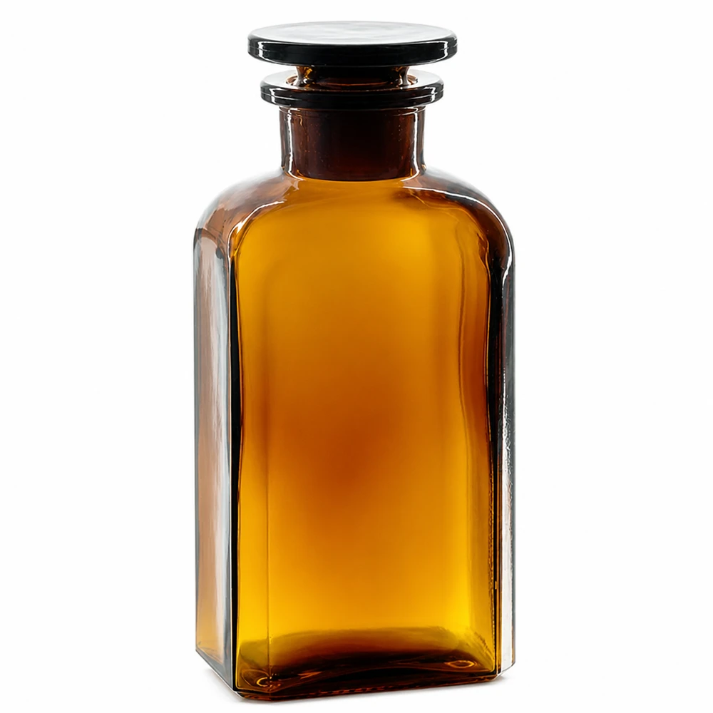 Firkantet flaske 250 ml brun glasprop med bred hals Firkantet flaske, 250 ml, brun, med glasprop og bred hals til laboratorier og apoteker