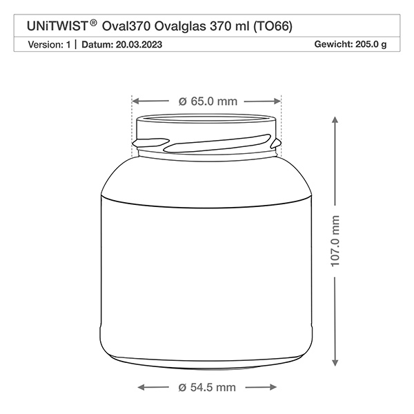 UNiTWIST Oval370 - Ovalt glas med en kapacitet på 370 ml TO66 Teknisk tegning UNiTWIST Oval370 Ovalt glas 370ml TO66 med målene Diameter 65mm Højde 107mm Vægt 205g