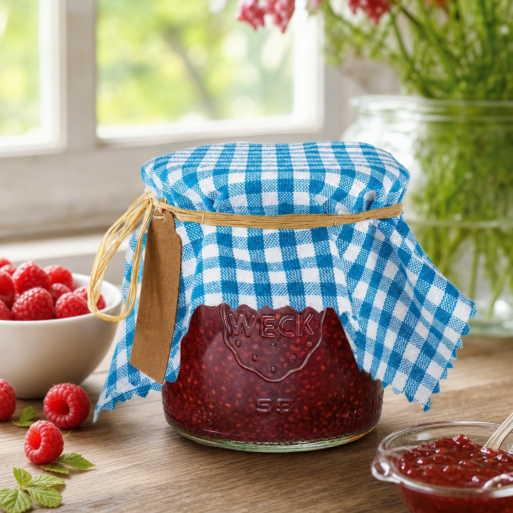 Stofdækkeserviet turkis ternet 150x150mm firkantet Dekorativ dækkeserviet i turkisfarvet stof 15 cm til hjemmelavet marmelade med hindbær i et dekorativt design