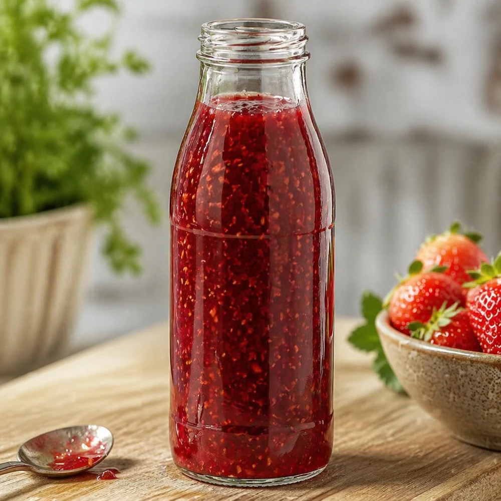500 ml glasflaske uden låg (TO48) UNiTWIST. Absolut lækagesikker med stor åbning. Til mælk, juice og limonade. Kræver TO48-låg 500 ml glasflaske uden låg TO48 UNiTWIST fyldt med rød marmelade ved siden af friske jordbær på et træbord