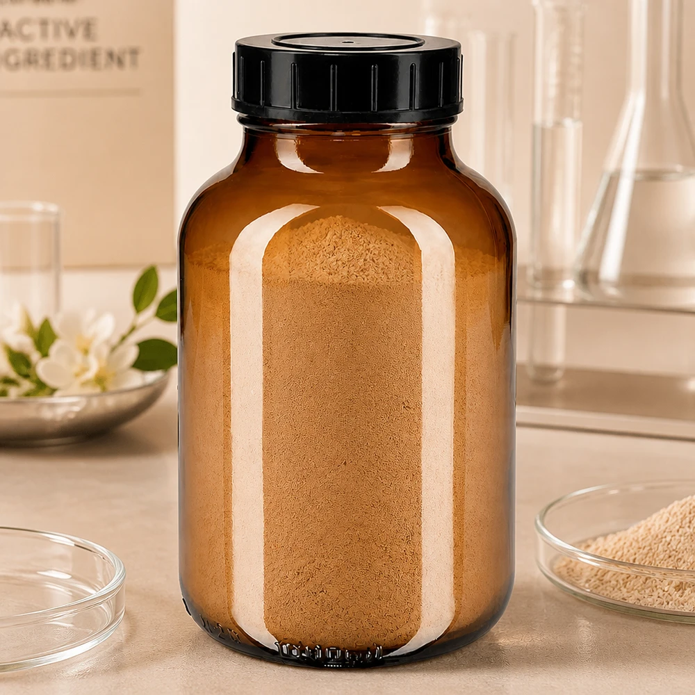 1000 ml flaske med bred hals i ravfarvet glas med skruelåg Stor 1000 ml apoteksflaske af ravfarvet glas med praktisk hætte med bred munding til pulver