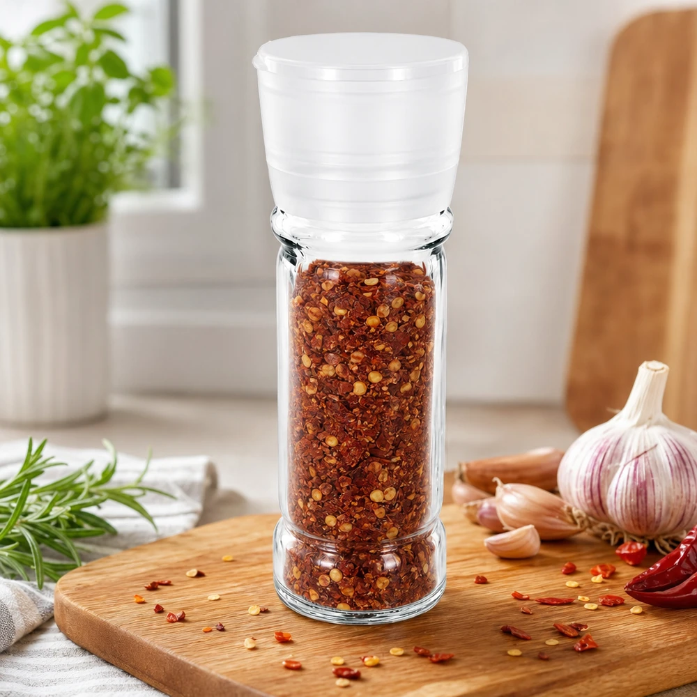 Salt-/krydderikrukke 100 ml med kværn, Vario, hvid Krydderiglas på 100 ml med hvid kværn, fyldt med chiliflager, på et træskærebræt