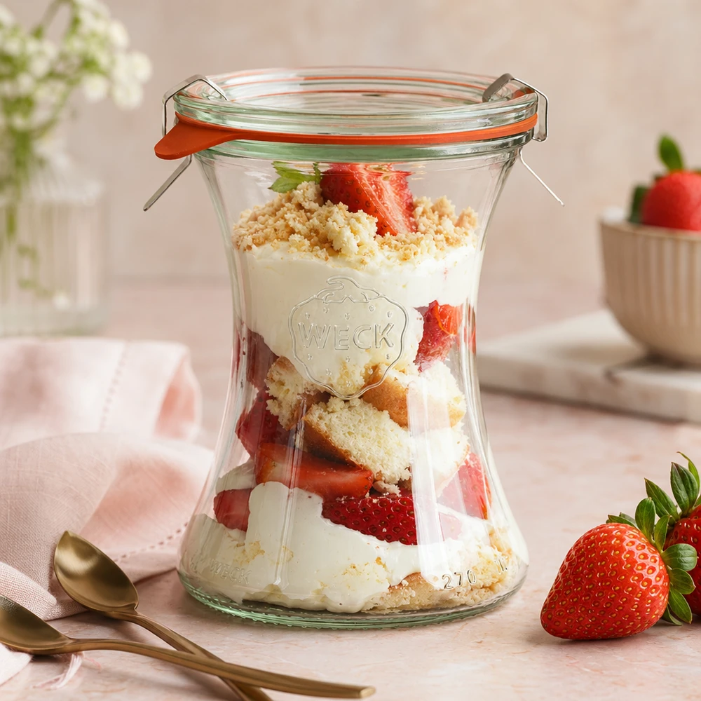 WECK delikatesseglas 370 ml med jordbærdessert lagdelt dessert yoghurtkrummer pink ambience dessert i et glas