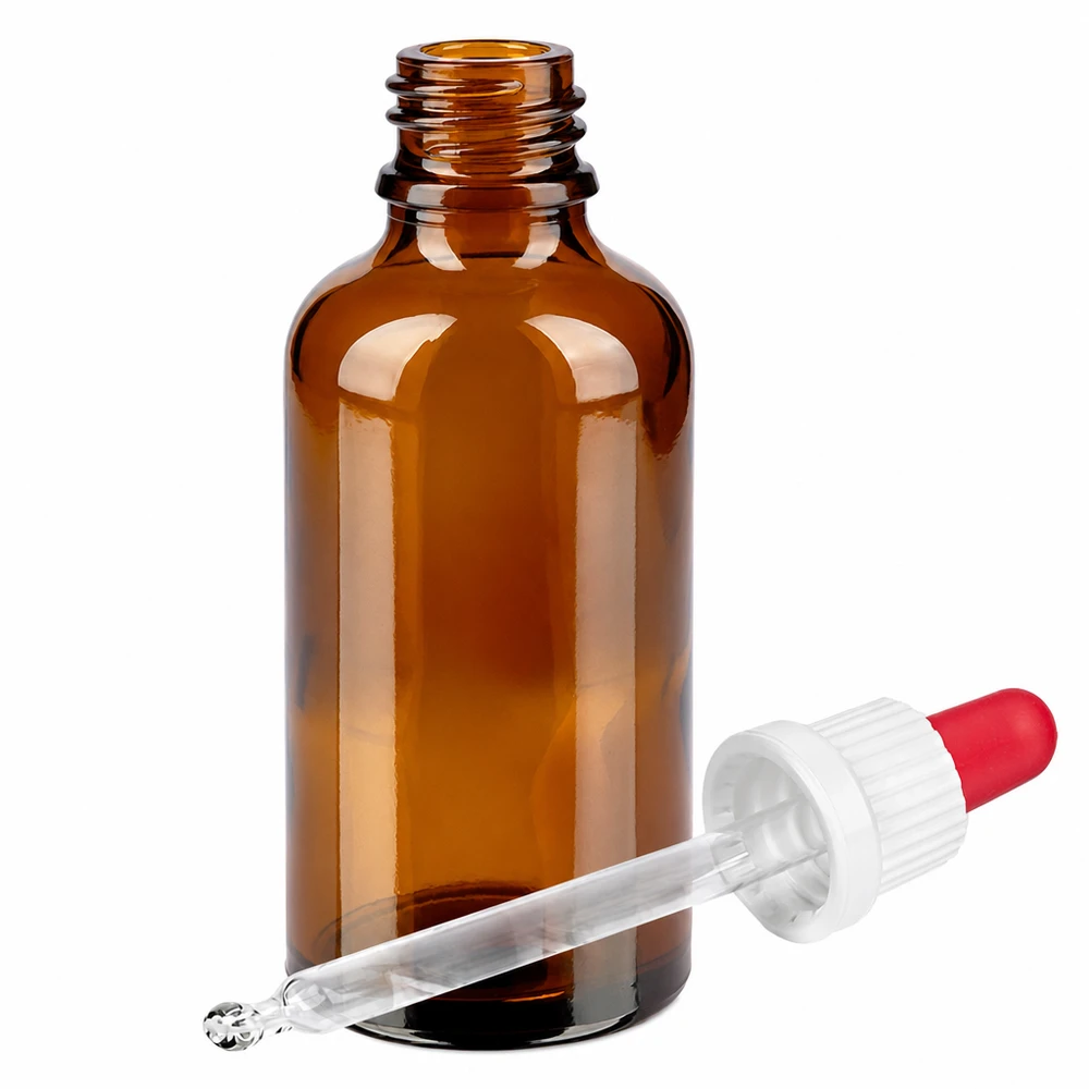 50 ml pipetteflaske hvid/rød OV BrownLine UT18/50 Brun 50 ml glasflaske med dråbepipette - ideel til æteriske olier og laboratoriebrug