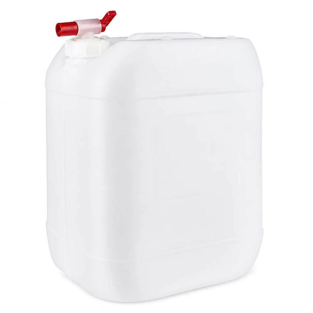 Beholder 20 liter med aftapningshane Hvid 20-liters plastdunk med rødt udløbshan lavet af HDPE-plast