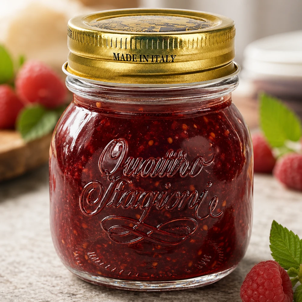 150 ml rundt glas "Quattro Stagioni" med låg 150 ml rund krukke Quattro Stagioni med gyldent låg Made in Italy fyldt med rød marmelade og friske bær