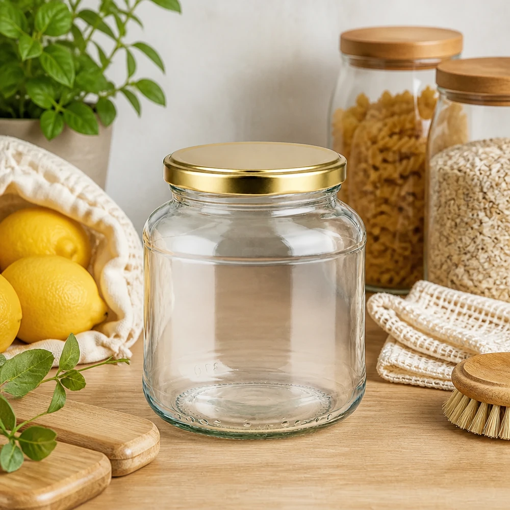 370 ml oval krukke med BasicSeal-låg guld UNiTWIST 370 ml oval krukke tom med gyldent BasicSeal-låg UNiTWIST i et naturligt køkkenmiljø med citroner og krydderurter