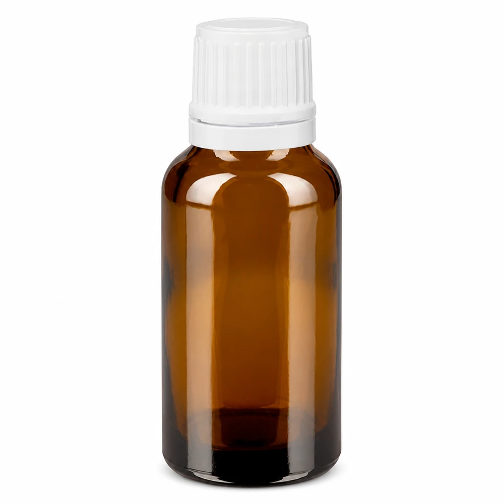 20 ml brun apotekerflaske af brunt glas med hvid børnesikkerhedslåg og dråbeindsats
