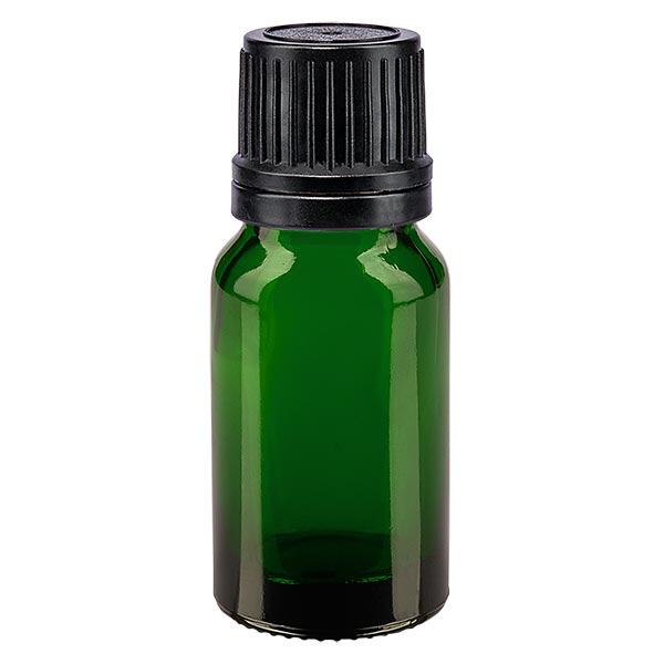 Apoteksflaske grøn 10ml skruelåg sort hælde r. OV Apoteksflaske grøn 10ml skruelåg sort hælde r. OV