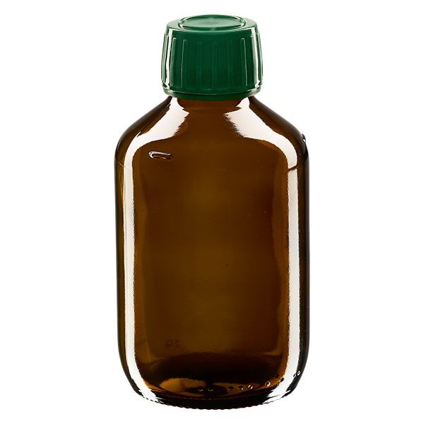 200 ml medicinflaske brun, hætte grøn med manipulationssikker ring ApoGlas. Farmaceutisk kvalitet fra EU-produktion. 28 mm (PP28) gevind. (sirup, lys glasflaske) 200 ml medicinflaske brun, hætte grøn med manipulationssikker ring ApoGlas. Farmaceutisk kvalitet fra EU-produktion. 28 mm (PP28) gevind. (sirup, lys glasflaske)