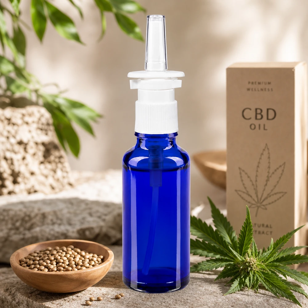 Apoteksflaske blå 30 ml næseforstøver hvid St 30 ml næsesprayflaske fra ApoGlas i koboltblå med CBD-olie og naturligt design