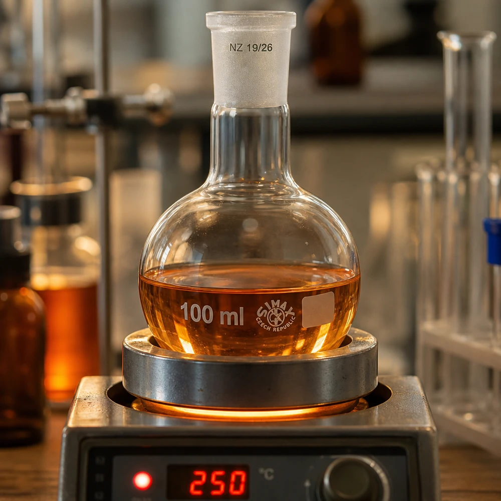 100 ml kolbe med standard slebet led (19/26) Stående kolbe 100 ml på varmeplade ved 250 °C - varmebestandigt laboratorieglas med 19/26 standard slebet samling