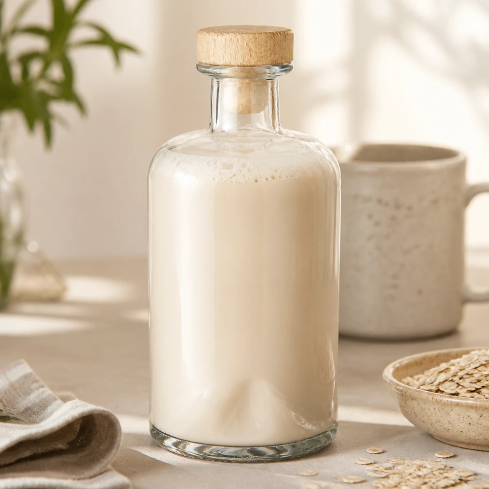 500 ml apoteksflaske »Sofia« med træhåndtag og kork UNiTWIST® 500ml Glasflasche Sofia mit Milch befüllt in natürlicher Küchenszene mit Haferflocken und cremefarbener Keramik