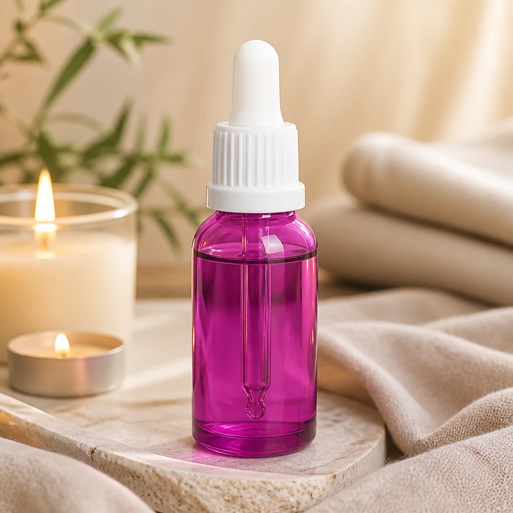 20 ml pipetteflaske hvid Originality skruelåg PurpleLine UT18/20 Premium 20 ml pipetteflaske af højkvalitetsglas i lilla til serum og olier