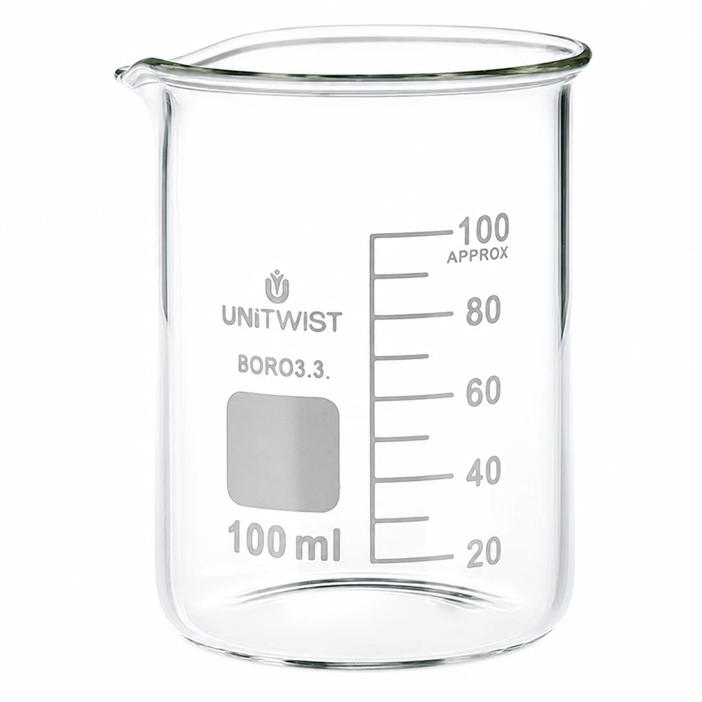 Bæger 100 ml borosilikat, lav form UNiTWIST 100 ml bægerglas af borosilikatglas i lav form fra UNiTWIST med milliliterskala