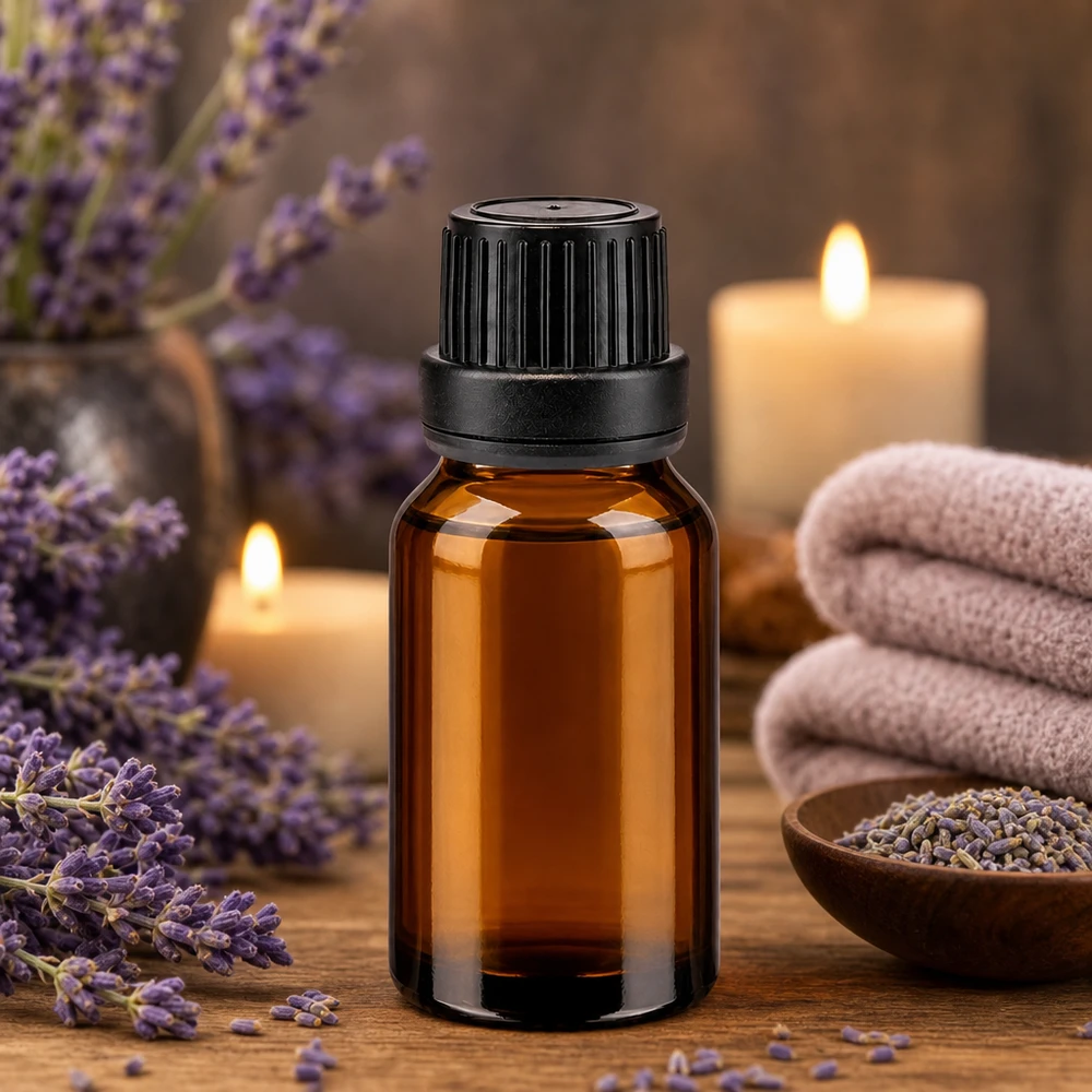 En brun apotekerflaske på 15 ml med lavendel og stearinlys, arrangeret i en afslappet spa-atmosfære