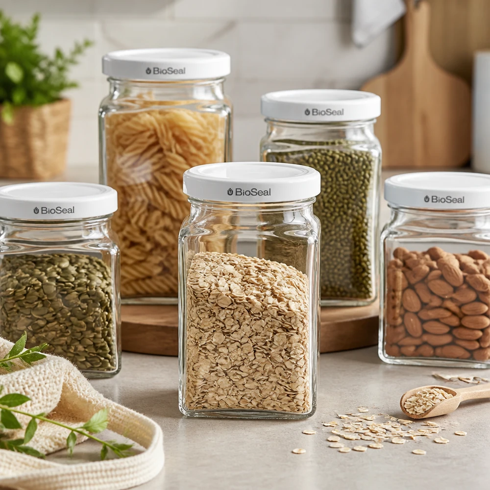 UNiTWIST Tetra260 med hvidt låg TO58 BioSeal UNiTWIST Tetra260 opbevaringskrukke sæt med havregryn mungbønner nudler mandler hvid TO58 BioSeal låg Pantry Organisati