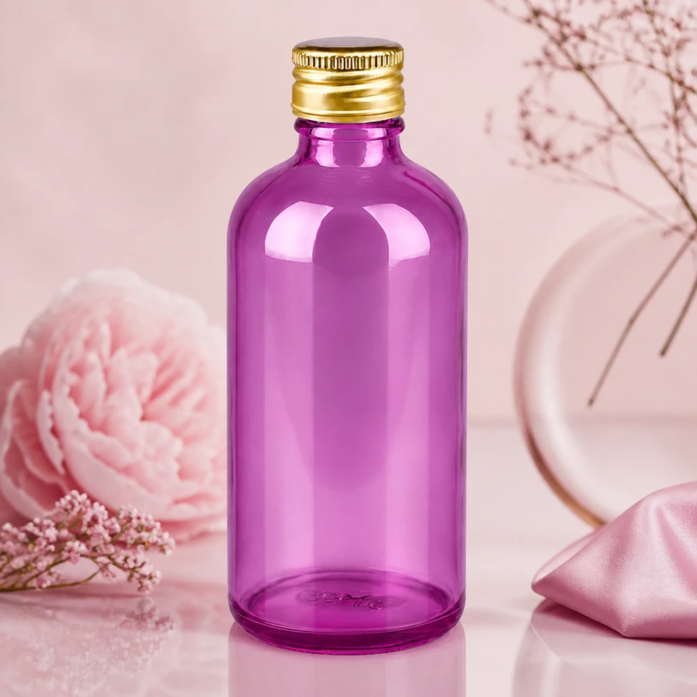 100 ml flaske 11 mm skruelåg aluminium guld standard PurpleLine. UT18/100 Kompakt 100 ml apoteksflaske af violet glas med praktisk skruelåg til små mængder