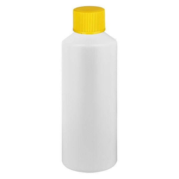 Apoteksflaske HDPE 100ml hvid, med gul SV Apoteksflaske HDPE 100ml hvid, med gul SV