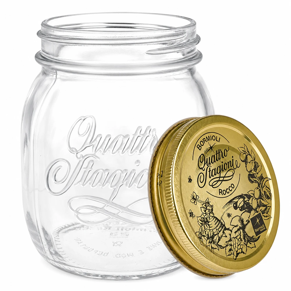 700 ml rundt glas "Quattro Stagioni" med låg Quattro Stagioni 700 ml syltekrukke med aftageligt skruelåg Detalje Italiensk krukke til konservering