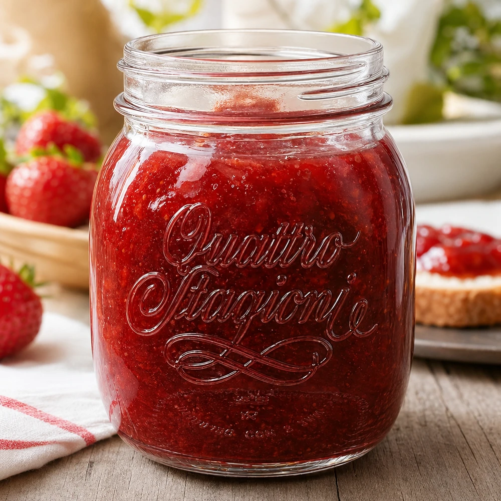 700 ml husholdningsglas "Quattro Stagioni" 700 ml Quattro Stagioni husholdningsglas fyldt med rød marmelade ved siden af friske jordbær på træbord