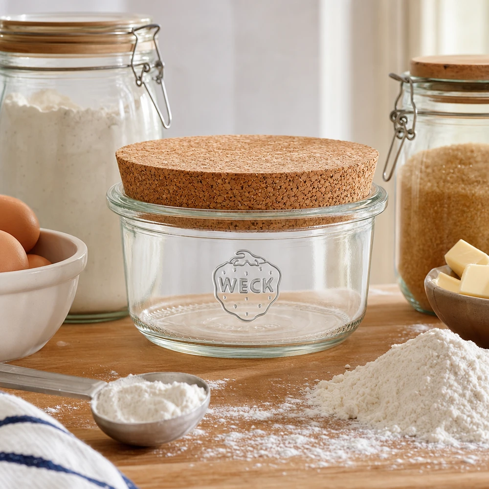 165 ml Briller WECK RR80 med kork natur WECK opbevaringskrukke 165ml RR80 kork låg køkken bageingredienser mel æg smør naturlig opbevaring køkken scene